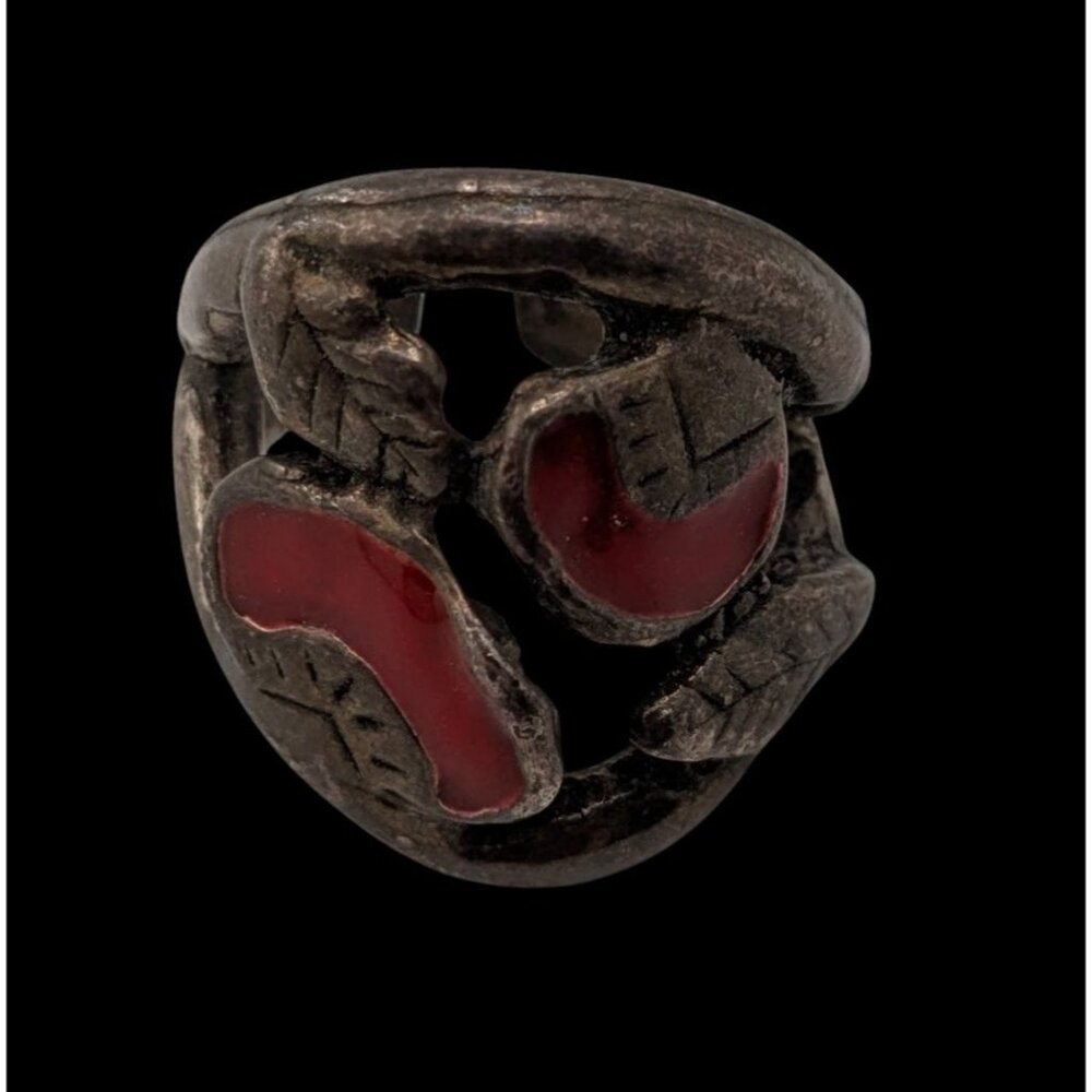 Vintage Artisan Brutalist Floral Silver Tone Ring With Red Enamel Leaf Design Si - Picture 2 of 8